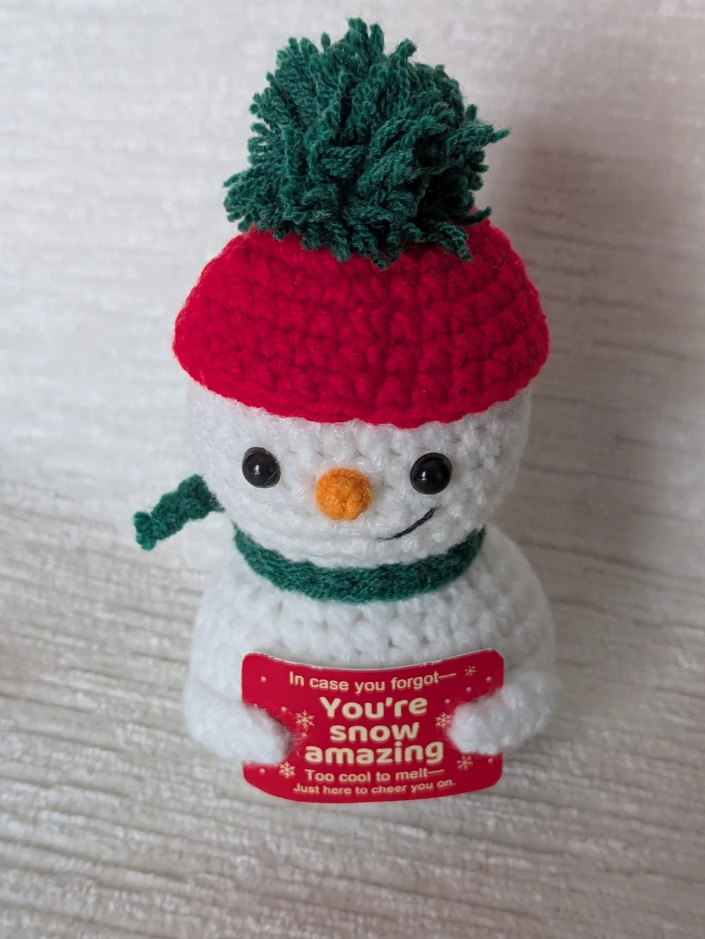 Crochet Snowman Plush with sign. removable Red Hat & Green Scarf